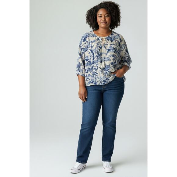 Weekend Suzanne Betro Blue Floral Blouse XL Boho Tie Neck Top - Picture 8 of 8